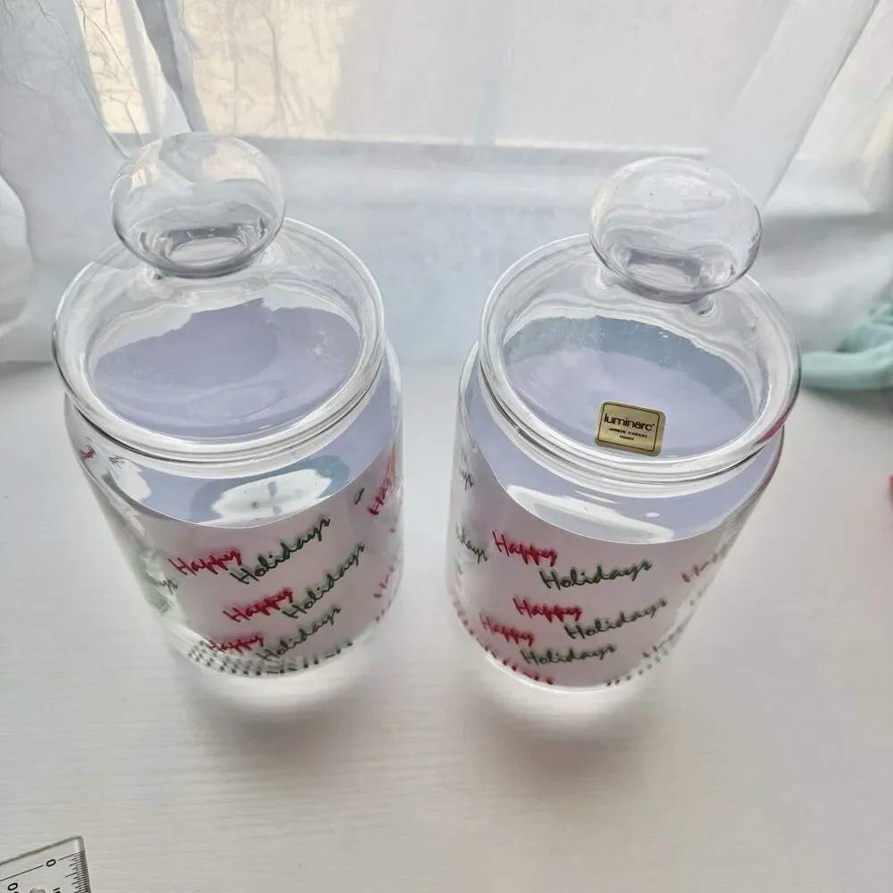 Vintage 2x Clear Glass Luminarc Happy Holidays Christmas Cookie Jars w Lids, L5